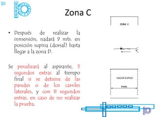 Zona C
• Después       de    realizar la
  inmersión, nadará 9 mts. en
  posición supina (dorsal) hasta
  llegar a la zona D.

Se penalizará al aspirante, 5
  segundos extras al tiempo
  final si se detiene de las
  paredes o de los carriles
  laterales, y con 8 segundos
  extras, en caso de no realizar
  la prueba.
 
