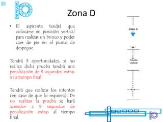 Zona D
• El aspirante tendrá que
  colocarse en posición vertical
  para realizar un brinco y poder
  caer de pie en el punto de
  despegue.

Tendrá 3 oportunidades, si no
realiza dicha prueba tendrá una
penalización de 3 segundos extras
a su tiempo final.

Tendrá que realizar los intentos
(en caso de que lo requiera). De
no realizar la prueba se hará
acreedor a 9 segundos de
penalización extras al tiempo
final.
 