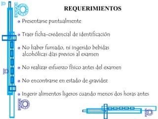 REQUERIMIENTOS
Presentarse puntualmente

Traer ficha-credencial de identificación

No haber fumado, ni ingerido bebidas
alcohólicas días previos al examen

No realizar esfuerzo físico antes del examen

No encontrarse en estado de gravidez

Ingerir alimentos ligeros cuando menos dos horas antes
 