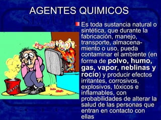AGENTES QUIMICOSAGENTES QUIMICOS
Es toda sustancia natural oEs toda sustancia natural o
sintética, que durante lasintética, que durante la
fabricación, manejo,fabricación, manejo,
transporte, almacena-transporte, almacena-
miento o uso, puedamiento o uso, pueda
contaminar el ambiente (encontaminar el ambiente (en
forma deforma de polvo, humo,polvo, humo,
gas, vapor, neblinas ygas, vapor, neblinas y
rocíorocío) y producir efectos) y producir efectos
irritantes, corrosivos,irritantes, corrosivos,
explosivos, tóxicos eexplosivos, tóxicos e
inflamables, coninflamables, con
probabilidades de alterar laprobabilidades de alterar la
salud de las personas quesalud de las personas que
entran en contacto conentran en contacto con
ellasellas
 