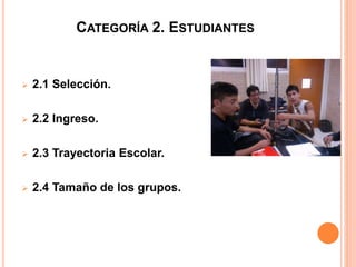 CATEGORÍA 2. ESTUDIANTES
 2.1 Selección.
 2.2 Ingreso.
 2.3 Trayectoria Escolar.
 2.4 Tamaño de los grupos.
 