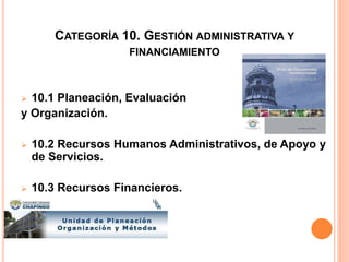 CATEGORÍA 10. GESTIÓN ADMINISTRATIVA Y
FINANCIAMIENTO
 10.1 Planeación, Evaluación
y Organización.
 10.2 Recursos Humanos Administrativos, de Apoyo y
de Servicios.
 10.3 Recursos Financieros.
 