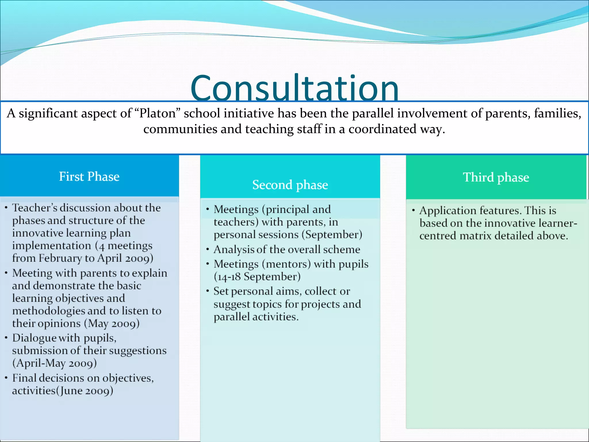 ConsultationA significant aspect of “Platon” school initiative has been the parallel involvement of parents, families,
communities and teaching staff in a coordinated way.
 