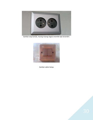   30 
 
Gambar stop kontak, masing‐masing negara memiliki tipe tersendiri. 
 
 
Gambar saklar lampu 
 
 
 
 