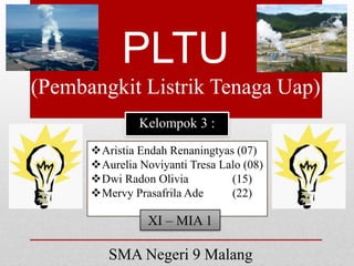 PLTU 
(Pembangkit Listrik Tenaga Uap) 
Kelompok 3 : 
Aristia Endah Renaningtyas (07) 
Aurelia Noviyanti Tresa Lalo (08) 
Dwi Radon Olivia (15) 
Mervy Prasafrila Ade (22) 
XI – MIA 1 
SMA Negeri 9 Malang 
 