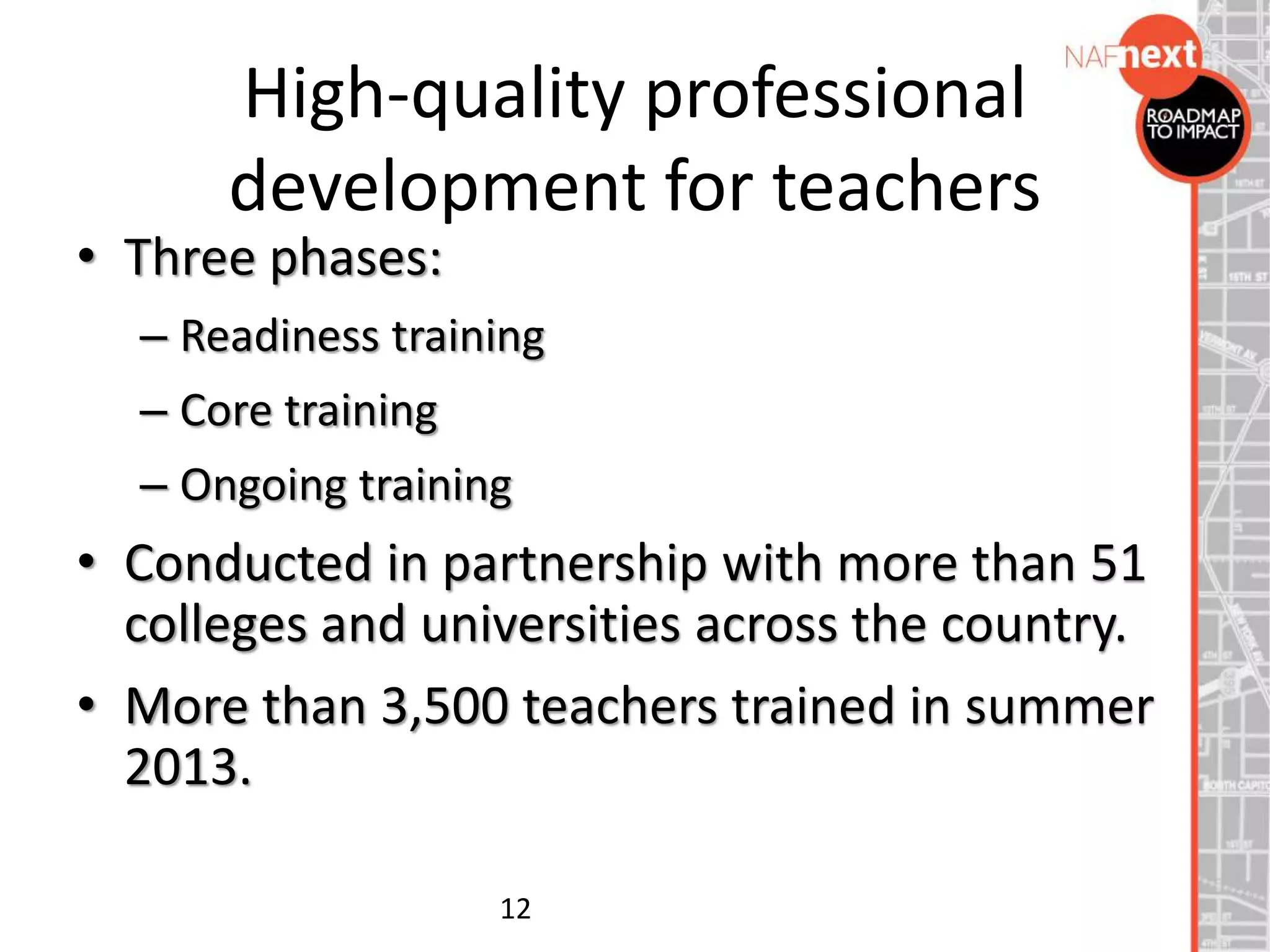 High-quality professional
development for teachers
• Three phases:
– Readiness training
– Core training
– Ongoing training
• Conducted in partnership with more than 51
colleges and universities across the country.
• More than 3,500 teachers trained in summer
2013.
12
 
