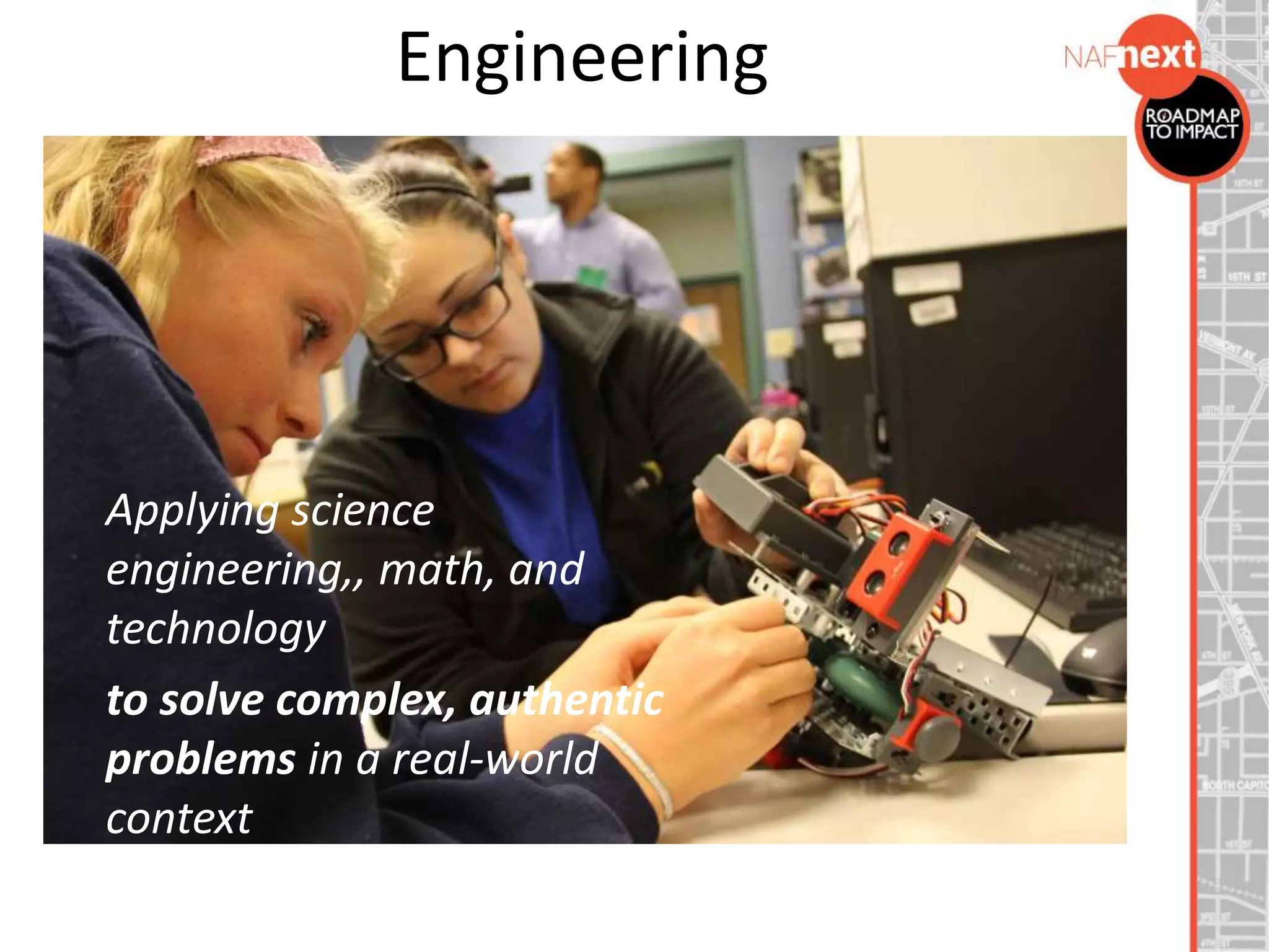 Engineering
Applying science
engineering,, math, and
technology
to solve complex, authentic
problems in a real-world
context
 