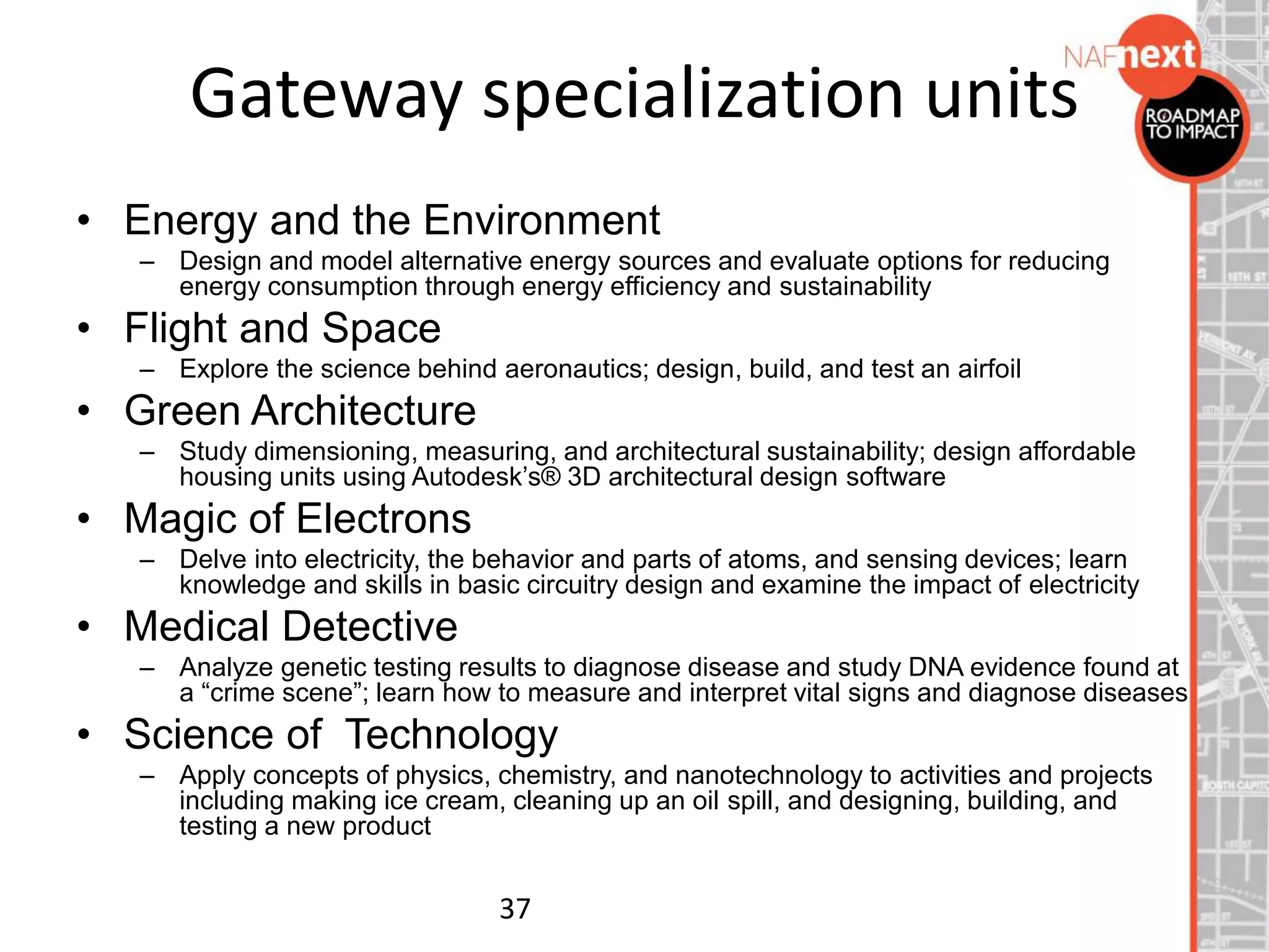 • Energy and the Environment
– Design and model alternative energy sources and evaluate options for reducing
energy consumption through energy efficiency and sustainability
• Flight and Space
– Explore the science behind aeronautics; design, build, and test an airfoil
• Green Architecture
– Study dimensioning, measuring, and architectural sustainability; design affordable
housing units using Autodesk’s® 3D architectural design software
• Magic of Electrons
– Delve into electricity, the behavior and parts of atoms, and sensing devices; learn
knowledge and skills in basic circuitry design and examine the impact of electricity
• Medical Detective
– Analyze genetic testing results to diagnose disease and study DNA evidence found at
a “crime scene”; learn how to measure and interpret vital signs and diagnose diseases
• Science of Technology
– Apply concepts of physics, chemistry, and nanotechnology to activities and projects
including making ice cream, cleaning up an oil spill, and designing, building, and
testing a new product
37
Gateway specialization units
 