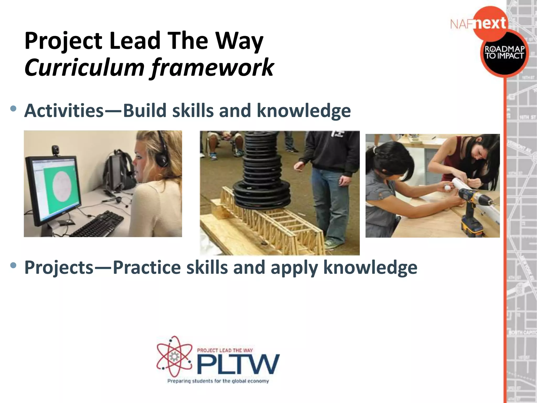 Project Lead The Way
Curriculum framework
• Activities—Build skills and knowledge
• Projects—Practice skills and apply knowledge
 