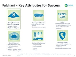 Source: Dent Research
Falchani - Key Attributes for Success
12
April 2018Strong Economics 1
• NPV (8%) = US$844M
• IRR (8%) = 18.8 %
• Payback = 4.6 years
Excellent Infrastructure
• Easy transport
• Low cost power
• Labour
• Water
Security of Supply
• Internationally recognized as
a mining supportive
jurisdiction
• Responsible mining practices
Quality
• Met testing indicates a high
purity battery grade (99.74%)
lithium carbonate can be
produced 2
Development Potential
• Near surface hard rock
deposit
• 2-stage development plan
Growth Potential
• Multi-generational asset
• 6th largest Li deposit
globally 3
• Resource estimate 4 based
on only ~30% of target area
1. After-tax, Alternative Case Scenario, selling price of $12,000/t Li2CO3. See IMPORTANT PEA Cautionary Notes on Slide 2. 2. Refer to the Company’s news release on
July 18, 2019 3. Based on the Company’s review of publicly available information as at March 4, 2019 4. Mineral Resources effective March 1, 2019. See slide 2 for QP
information. 12
 