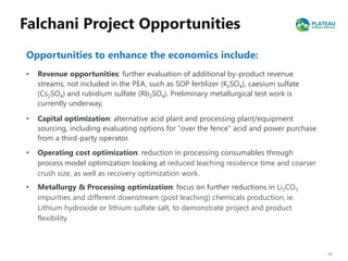 Falchani Project Opportunities
15
Opportunities to enhance the economics include:
• Revenue opportunities: further evaluation of additional by-product revenue
streams, not included in the PEA, such as SOP fertilizer (K2SO4), caesium sulfate
(Cs2SO4) and rubidium sulfate (Rb2SO4). Preliminary metallurgical test work is
currently underway.
• Capital optimization: alternative acid plant and processing plant/equipment
sourcing, including evaluating options for “over the fence” acid and power purchase
from a third-party operator.
• Operating cost optimization: reduction in processing consumables through
process model optimization looking at reduced leaching residence time and coarser
crush size, as well as recovery optimization work.
• Metallurgy & Processing optimization: focus on further reductions in Li2CO3
impurities and different downstream (post leaching) chemicals production, ie.
Lithium hydroxide or lithium sulfate salt, to demonstrate project and product
flexibility
 