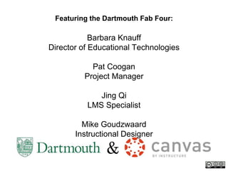 Featuring the Dartmouth Fab Four:
Barbara Knauff
Director of Educational Technologies
Pat Coogan
Project Manager
Jing Qi
LMS Specialist
Mike Goudzwaard
Instructional Designer
 