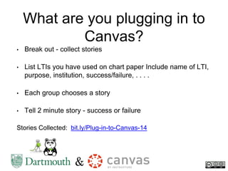 What are you plugging in to
Canvas?
• Break out - collect stories
• List LTIs you have used on chart paper Include name of LTI,
purpose, institution, success/failure, . . . .
• Each group chooses a story
• Tell 2 minute story - success or failure
Stories Collected: bit.ly/Plug-in-to-Canvas-14
 