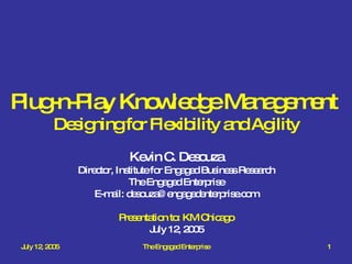 Plug-n-Play Knowledge Management  Designing for Flexibility and Agility Kevin C. Desouza Director, Institute for Engaged Business Research The Engaged Enterprise E-mail: desouza@engagedenterprise.com Presentation to: KM Chicago July 12, 2005 