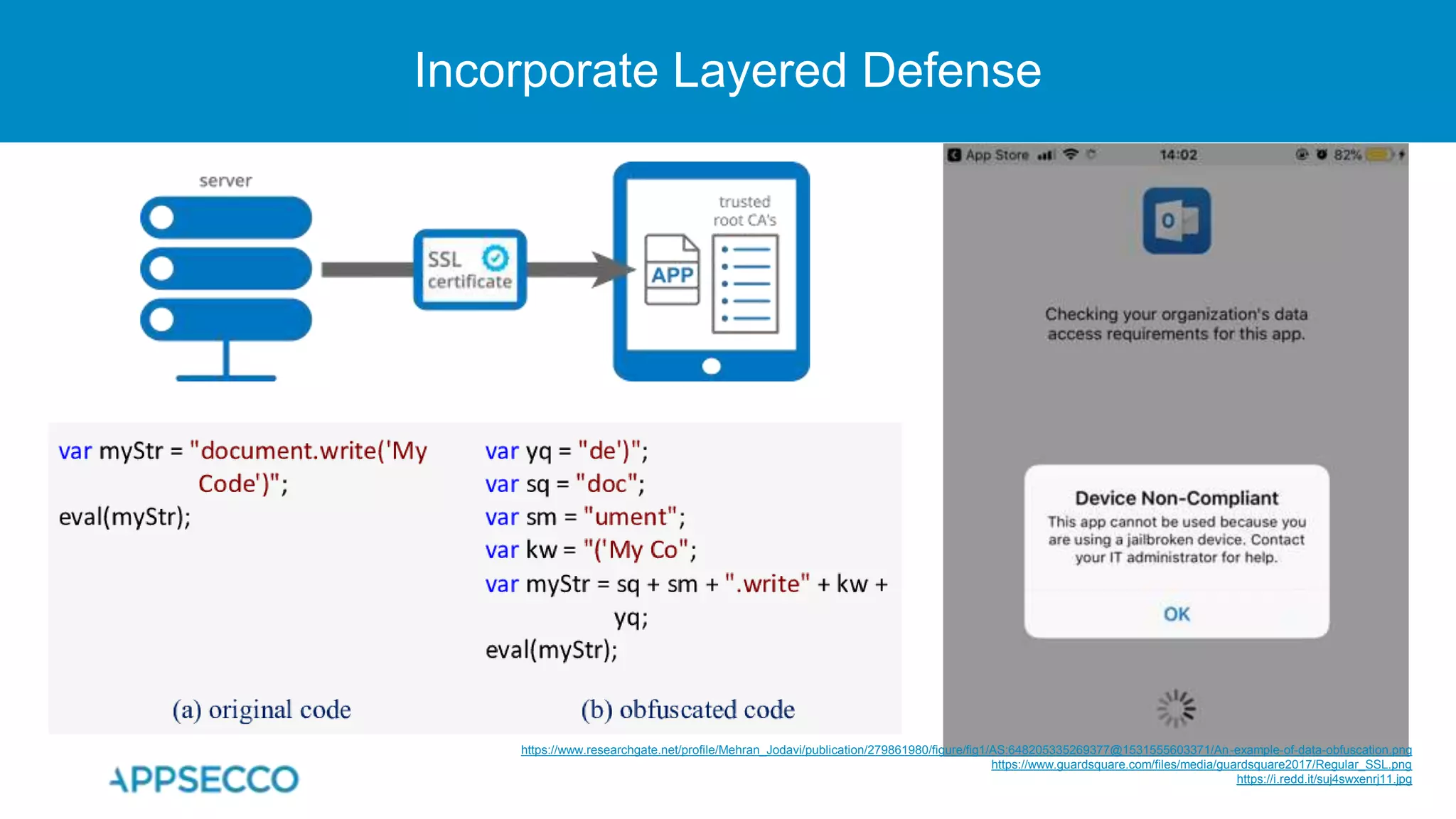 Incorporate Layered Defense
https://www.researchgate.net/profile/Mehran_Jodavi/publication/279861980/figure/fig1/AS:648205335269377@1531555603371/An-example-of-data-obfuscation.png
https://www.guardsquare.com/files/media/guardsquare2017/Regular_SSL.png
https://i.redd.it/suj4swxenrj11.jpg
 