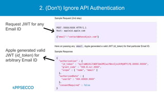 2. (Don't) Ignore API Authentication
Request JWT for any
Email ID
Apple generated valid
JWT (id_token) for
arbitrary Email ID
 