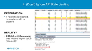 4. (Don't) Ignore API Rate Limiting
EXPECTATION:
• If rate limit is reached,
requests should be
blocked
REALITY?
• X-RateLimit-Remaining
was reset to higher value
repeatedly
 