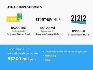 ATUAIS INVESTIDORES
R$200 mil
Equity free do
Programa Startup Brasil
R$50 mil
da aceleradora 21212
Procuramos um
investimento anjo de
R$300 mil para:
•  Desenvolvimento de novas integrações
•  Marketing
•  Time
R$120 mil
Equity free do
Programa Startup Chile
 