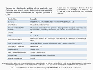 Trata-se de distribuição pública direta realizada pela
Emissora, sem a participação de instituição intermediária,
automaticamente dispensada de registro perante a
CVM*
A PRESENTE OFERTA FOI DISPENSADA DE REGISTRO PELA COMISSÃO DE VALORES MOBILIÁRIOS “CVM”. A CVM NÃO GARANTE A VERACIDADE
DAS INFORMAÇÕES PRESTADAS PELO OFERTANTE NEM JULGA A SUA QUALIDADE OU A DOS VALORES MOBILIÁRIOS OFERTADOS.
Este é o Material Publicitário da Distribuição Pública Direta pela SMARTCOIN S.A, de Títulos de Dívida de sua 1ª Emissão.
* Com base nas disposições do inciso III e dos
parágrafos 4º a 8º do artigo 5º da Instrução CVM
nº 400, de 29 de dezembro de 2003, conforme
alterada.
	
Caracterís)ca Descrição
Ofertante BROOTA	PLUGA	SERVIÇOS	DE	APOIO	ADMINISTRATIVO	SPE	LTDA-ME
A:vo	Ofertado Títulos	de	Dívida	Conversíveis
Natureza	Jurídica	do	A:vo	
Ofertado
Títulos	 que	 representam	 uma	 promessa	 de	 pagamento	 em	 ações	 preferencias	 da	
Smartcoin	S.A	e,	ofertados	publicamente,	têm	natureza	de	valores	mobiliários
Emissão 1ª	
Séries 1	–	2	–	3	-	4
Valor	Nominal	Unitário
R$1.000,00	(1ª	Série);	R$2.5000,00	(2ª	Série);	R$5.000,00	(3ª	Série)	e	R$25.000,00	(4ª	
Série)	
Valor	Total	da	Emissão Até	R$	300.000,00,	podendo	ser	encerrada	antes	a	critério	da	Emissora
Participação Oferecida Mínimo de 7,5%
Data	da	Emissão Janeiro/2016
Prazo	e	Data	de	Vencimento 10	anos	-	Janeiro/2026
Remuneração Juros	de	3%	ao	ano,	base	252	dias	úteis
Atualização	Monetária Não	há
 