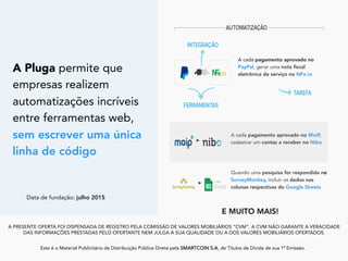 A PRESENTE OFERTA FOI DISPENSADA DE REGISTRO PELA COMISSÃO DE VALORES MOBILIÁRIOS “CVM”. A CVM NÃO GARANTE A VERACIDADE
DAS INFORMAÇÕES PRESTADAS PELO OFERTANTE NEM JULGA A SUA QUALIDADE OU A DOS VALORES MOBILIÁRIOS OFERTADOS.
Este é o Material Publicitário da Distribuição Pública Direta pela SMARTCOIN S.A, de Títulos de Dívida de sua 1ª Emissão.
	
A Pluga permite que
empresas realizem
automatizações incríveis
entre ferramentas web,
sem escrever uma única
linha de código.
Quando uma pesquisa for respondida no
SurveyMonkey, incluir os dados nas
colunas respectivas do Google Sheets
>
E MUITO MAIS!
A cada pagamento aprovado no
PayPal, gerar uma nota ﬁscal
eletrônica de serviço no NFe.io
>
A cada pagamento aprovado no MoiP,
cadastrar um contas a receber no Nibo
Data de fundação: julho 2015
 