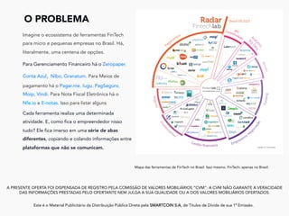 A PRESENTE OFERTA FOI DISPENSADA DE REGISTRO PELA COMISSÃO DE VALORES MOBILIÁRIOS “CVM”. A CVM NÃO GARANTE A VERACIDADE
DAS INFORMAÇÕES PRESTADAS PELO OFERTANTE NEM JULGA A SUA QUALIDADE OU A DOS VALORES MOBILIÁRIOS OFERTADOS.
Este é o Material Publicitário da Distribuição Pública Direta pela SMARTCOIN S.A, de Títulos de Dívida de sua 1ª Emissão.
	
O PROBLEMA
Imagine o ecossistema de ferramentas FinTech
para micro e pequenas empresas no Brasil. Há,
literalmente, uma centena de opções.
Para Gerenciamento Financeiro há o Zeropaper,
Conta Azul, Nibo, Granatum. Para Meios de
pagamento há o Pagar.me, Iugu, PagSeguro,
Moip, Vindi. Para Nota Fiscal Eletrônica há o
Nfe.io e E-notas. Isso para listar alguns
Cada ferramenta realiza uma determinada
atividade. E, como fica o empreendedor nisso
tudo? Ele fica imerso em uma série de abas
diferentes, copiando e colando informações entre
plataformas que não se comunicam.
Mapa das ferramentas de FinTech no Brasil. Isso mesmo. FinTech, apenas no Brasil.
 