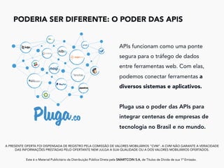 PODERIA SER DIFERENTE: O PODER DAS APIS
	
A PRESENTE OFERTA FOI DISPENSADA DE REGISTRO PELA COMISSÃO DE VALORES MOBILIÁRIOS “CVM”. A CVM NÃO GARANTE A VERACIDADE
DAS INFORMAÇÕES PRESTADAS PELO OFERTANTE NEM JULGA A SUA QUALIDADE OU A DOS VALORES MOBILIÁRIOS OFERTADOS.
Este é o Material Publicitário da Distribuição Pública Direta pela SMARTCOIN S.A, de Títulos de Dívida de sua 1ª Emissão.
	
APIs funcionam como uma ponte
segura para o tráfego de dados
entre ferramentas web. Com elas,
podemos conectar ferramentas a
diversos sistemas e aplicativos.
Pluga usa o poder das APIs para
integrar centenas de empresas de
tecnologia no Brasil e no mundo.
 