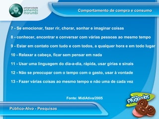Comportamento de compra e consumo Público-Alvo - Pesquisas Fonte: MídiAtiva/2005 7 - Se emocionar, fazer rir, chorar, sonhar e imaginar coisas 8 - conhecer, encontrar e conversar com várias pessoas ao mesmo tempo 9 - Estar em contato com tudo e com todos, a qualquer hora e em todo lugar 10 - Relaxar a cabeça, ficar sem pensar em nada 11 - Usar uma linguagem do dia-a-dia, rápida, usar gírias e sinais 12 - Não se preocupar com o tempo com o gasto, usar à vontade 13 - Fazer várias coisas ao mesmo tempo e não uma de cada vez 
