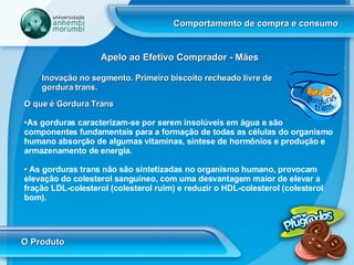 Comportamento de compra e consumo O Produto Inovação no segmento. Primeiro biscoito recheado livre de gordura trans. O que é Gordura Trans   As gorduras caracterizam-se por serem insolúveis em água e são componentes fundamentais para a formação de todas as células do organismo humano absorção de algumas vitaminas, síntese de hormônios e produção e armazenamento de energia.  As gorduras trans não são sintetizadas no organismo humano, provocam elevação do colesterol sanguíneo, com uma desvantagem maior de elevar a fração LDL-colesterol (colesterol ruim) e reduzir o HDL-colesterol (colesterol bom). Apelo ao Efetivo Comprador - Mães 