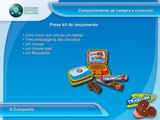 Comportamento de compra e consumo A Campanha Press kit de lançamento Uma caixa que simula um laptop Três embalagens dos biscoitos um mouse um mouse pad  um Broadside.   