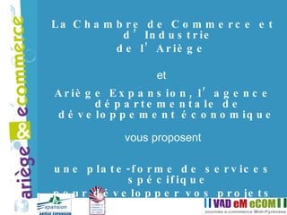 La   Chambre de Commerce et d’Industrie de l’Ariège   et  Ariège Expansion, l’agence départementale de développement économique   vous proposent une plate-forme de services spécifique pour développer vos projets « e-commerce » 