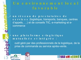 un réseau de prestataires de services  (logistique, transports, banques, centres d’appels, …) et de conseils TIC, e-marketing et e-commerce une plateforme e-logistique mutualisée et intégrée : outil géré par des professionnels de la logistique, de la prise de commande au service après-vente. Un environnement local favorable 