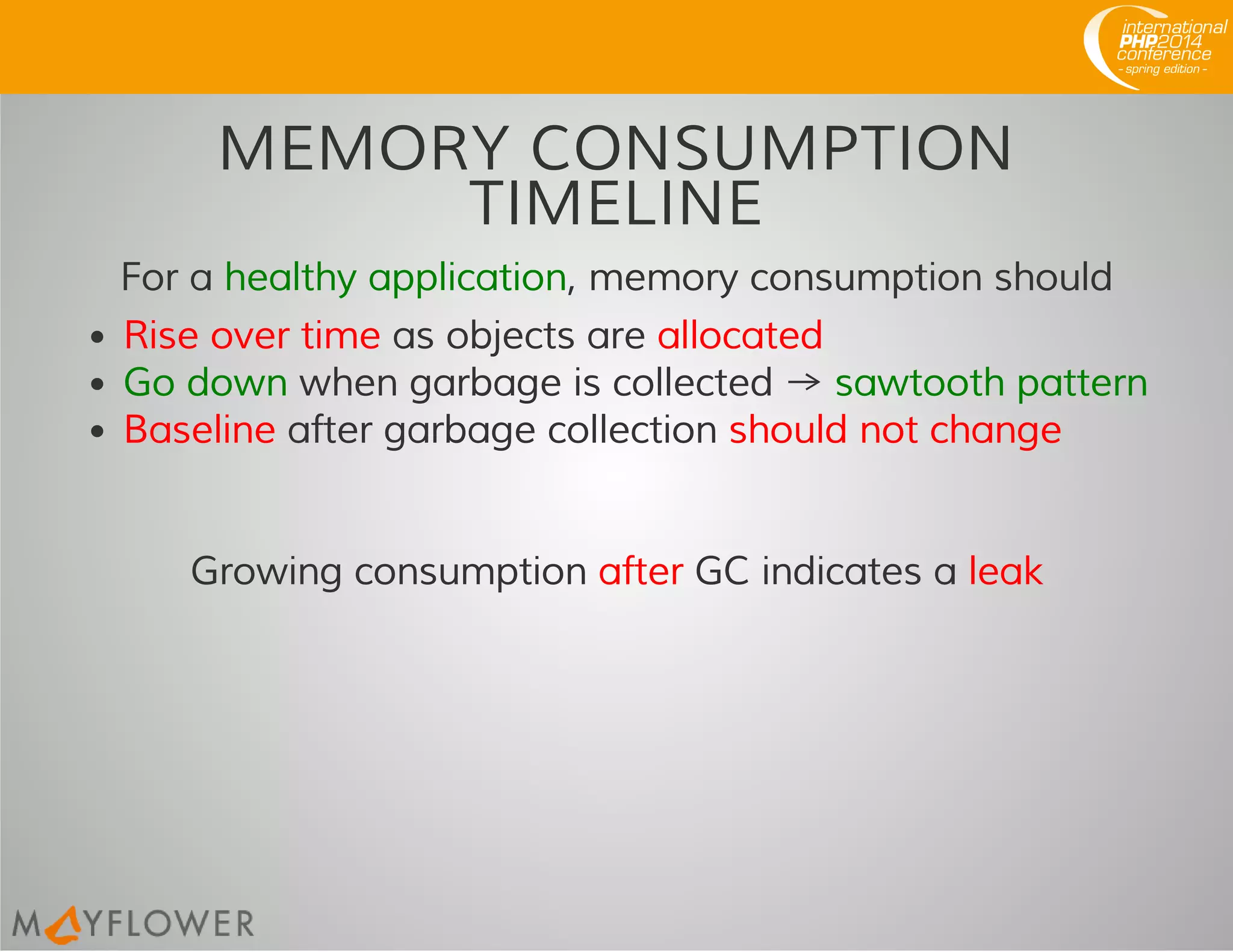 MEMORY CONSUMPTION
TIMELINE
For a healthy application, memory consumption should
Rise over time as objects are allocated
Go down when garbage is collected → sawtooth pattern
Baseline after garbage collection should not change
Growing consumption after GC indicates a leak
 