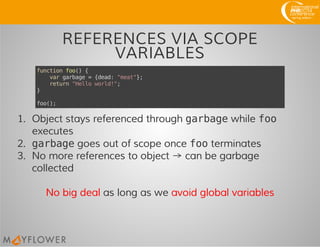 REFERENCES VIA SCOPE
VARIABLES
functionfoo(){
vargarbage={dead:"meat"};
return"Helloworld!";
}
foo();
1. Object stays referenced through garbagewhile foo
executes
2. garbagegoes out of scope once footerminates
3. No more references to object → can be garbage
collected
No big deal as long as we avoid global variables
 