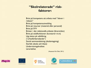 ”Skolrelaterade” riskfaktorer:
Brist på kompetens att arbeta med ”elever i
riskzon”
Brist på kompetensutveckling
Brist på resurser (material eller personal)
Brist på SYV
Brister i det relationella arbetet (lärare/elev)
Brist på stödfunktioner (kuratorer m.m)
Låg status på utbildning
(”yrkesförberedande”)
Social sammansättning (skolantagning)
Storlek (skola och klass)
Undervisningskvalitet
Lärartäthet
(Anpassat från Dale, 2011)

 