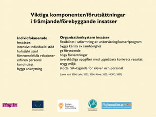 Viktiga komponenter/förutsättningar
i främjande/förebyggande insatser
Individfokuserade
insatser:
intensivt individuellt stöd
holistiskt stöd
förtroendefulla relationer
erfaren personal
kontinuitet
bygga anknytning

Organisation/system insatser
flexibilitet i utformning av undervisning/kurser/program
bygga känsla av samhörighet
ge förtroende
höga förväntningar
överskådliga uppgifter med uppnåbara konkreta resultat
trygg miljö
stötta risk-tagande för elever och personal
(Lamb et al 2004, Lehr, 2003, 2004, Klima, 2005, NDPC, 2007)

 
