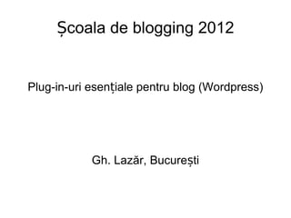 Școala de blogging 2012 Plug-in-uri esențiale pentru blog (Wordpress) Gh. Lazăr, București 