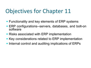 Objectives for Chapter 11
 Functionality and key elements of ERP systems
 ERP configurations--servers, databases, and bolt-on
 software
 Risks associated with ERP implementation
 Key considerations related to ERP implementation
 Internal control and auditing implications of ERPs
 