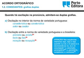 Oo
Quando há oscilação na pronúncia, admitem-se duplas grafias.
a) Oscilação no interior da norma de variedade portuguesa:
característica ou caraterística
setor ou sector
b) Oscilação entre a norma de variedade portuguesa e a brasileira:
amnistia ou anistiaBr
facto ou fatoBr
receção ou recepçãoBr ATENÇÃO! Nas sequências
interiores mpc, mpç e mpt,
quando o p cai, o m passa a n,
escrevendo-se nc, nç e nt:
assumpção* ou assunção,
peremptórioBR ou perentório,
sumptuoso ou suntuosoBR.
1.2. CONSOANTES: grafias duplas
ACORDO ORTOGRÁFICO
 