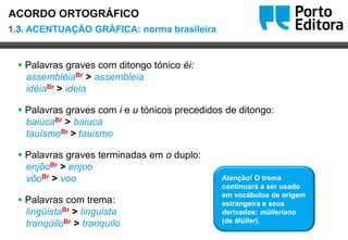 Oo
 Palavras graves com ditongo tónico éi:
assembléiaBr > assembleia
idéiaBr > ideia
 Palavras graves com i e u tónicos precedidos de ditongo:
baiúcaBr > baiuca
tauísmoBr > tauismo
 Palavras graves terminadas em o duplo:
enjôoBr > enjoo
vôoBr > voo
 Palavras com trema:
lingüistaBr > linguista
tranqüiloBr > tranquilo
Atenção! O trema
continuará a ser usado
em vocábulos de origem
estrangeira e seus
derivados: mülleriano
(de Müller).
1.3. ACENTUAÇÃO GRÁFICA: norma brasileira
ACORDO ORTOGRÁFICO
 
