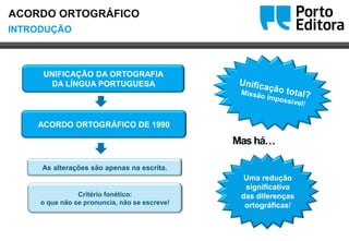Oo
UNIFICAÇÃO DA ORTOGRAFIA
DA LÍNGUA PORTUGUESA
ACORDO ORTOGRÁFICO DE 1990
Uma redução
significativa
das diferenças
ortográficas!
Mas há…
As alterações são apenas na escrita.
Critério fonético:
o que não se pronuncia, não se escreve!
INTRODUÇÃO
ACORDO ORTOGRÁFICO
 