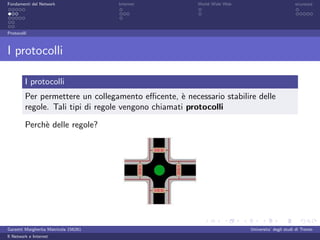 Fondamenti del Network                 Internet        World Wide Web                          sicurezza




Protocolli



I protocolli

         I protocolli
         Per permettere un collegamento eﬃcente, ` necessario stabilire delle
                                                    e
         regole. Tali tipi di regole vengono chiamati protocolli

         Perch` delle regole?
              e




Garzetti Margherita Matricola 156261                                    Universita’ degli studi di Trento
Il Network e Internet
 