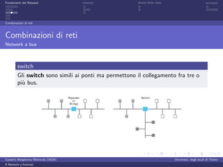 Fondamenti del Network                 Internet        World Wide Web                          sicurezza




Combinazioni di reti



Combinazioni di reti
Network a bus



         switch
         Gli switch sono simili ai ponti ma permettono il collegamento fra tre o
         pi` bus.
           u




Garzetti Margherita Matricola 156261                                    Universita’ degli studi di Trento
Il Network e Internet
 