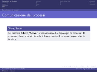 Fondamenti del Network                 Internet           World Wide Web                          sicurezza




Comunicazione dei processi



Comunicazione dei processi


         Client/Server
         Nel sistema Client/Server si individuano due tipologie di processi: Il
         processo client, che richiede le informazioni e il processo server che le
         fornisce.




Garzetti Margherita Matricola 156261                                       Universita’ degli studi di Trento
Il Network e Internet
 