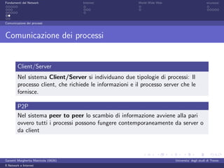 Fondamenti del Network                 Internet           World Wide Web                          sicurezza




Comunicazione dei processi



Comunicazione dei processi


         Client/Server
         Nel sistema Client/Server si individuano due tipologie di processi: Il
         processo client, che richiede le informazioni e il processo server che le
         fornisce.

         P2P
         Nel sistema peer to peer lo scambio di informazione avviene alla pari
         ovvero tutti i processi possono fungere contemporaneamente da server o
         da client



Garzetti Margherita Matricola 156261                                       Universita’ degli studi di Trento
Il Network e Internet
 