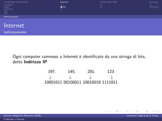 Fondamenti del Network                        Internet          World Wide Web                          sicurezza




Indirizzamento



Internet
indirizzamento




         Ogni computer connesso a Internet ` identiﬁcato da una stringa di bits,
                                           e
         detto Indirizzo IP

                                         197.     145.     201.     123
                                         ↓         ↓        ↓         ↓
                                       10001011 00100011 10010010 1111011




Garzetti Margherita Matricola 156261                                             Universita’ degli studi di Trento
Il Network e Internet
 