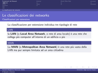 Fondamenti del Network                 Internet          World Wide Web                          sicurezza




Le classiﬁcazioni dei networks



Le classiﬁcazioni dei networks
Classiﬁcazioni per estensione

         La classiﬁcazione per estensione individua tre tipologie di rete
         LAN
         la LAN (o Local Area Network, o rete di area locale) ` una rete che
                                                              e
         collega pi` computer all’interno di un ediﬁcio o pi`
                   u                                        u

         MAN
         La MAN (o Metropolitan Area Network) ` una rete pi` vasta della
                                                    e      u
         LAN ma pur sempre limitata ad un area cittadina




Garzetti Margherita Matricola 156261                                      Universita’ degli studi di Trento
Il Network e Internet
 