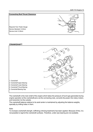 4JB1-TC Engine-13
Connecting Rod Thrust Clearance
Required Tool: Feeler Gauge
Service Standard: 0.23mm
Service Limit: 0.35mm
CRANKSHAFT
1. Crankshaft
2. Crankshaft Upper Bearing
3. Crankshaft Lower Bearing
4. Crankshaft Thrust Bearing
5. Crankshaft Bearing Cap
The crankshaft is the main shaft of the engine which takes the pressure of burnt gas generated during
engine operation at the crankshaft pins via the connecting rods, converts the power into rotary motion,
and transmits it to the outside.
The crankshaft balance relative to its axial center is maintained by adjusting the balance weights,
specially by drilling holes in them.
Note:
To increase crankshaft strength, tufftriding (nitrizing treatment) has been applied. Because of this, it is
not possible to regrind the crankshaft surfaces. Therefore, under size bearing are not available.
 
