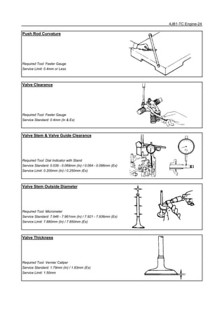 4JB1-TC Engine-24
Push Rod Curvature
Required Tool: Feeler Gauge
Service Limit: 0.4mm or Less
Valve Clearance
Required Tool: Feeler Gauge
Service Standard: 0.4mm (In & Ex)
Valve Stem & Valve Guide Clearance
Required Tool: Dial Indicator with Stand
Service Standard: 0.039 - 0.069mm (In) / 0.064 - 0.096mm (Ex)
Service Limit: 0.200mm (In) / 0.250mm (Ex)
Valve Stem Outside Diameter
Required Tool: Micrometer
Service Standard: 7.946 - 7.961mm (In) / 7.921 - 7.936mm (Ex)
Service Limit: 7.880mm (In) / 7.850mm (Ex)
Valve Thickness
Required Tool: Vernier Caliper
Service Standard: 1.79mm (In) / 1.83mm (Ex)
Service Limit: 1.50mm
 