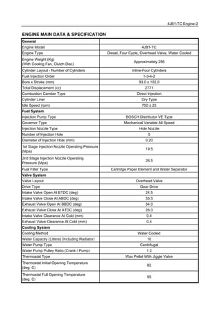ENGINE MAIN DATA & SPECIFICATION
General
Engine Model 4JB1-TC
Engine Type Diesel, Four Cycle, Overhead Valve, Water Cooled
Engine Weight (Kg)
(With Cooling Fan, Clutch Disc)
Approximately 256
Cylinder Layout - Number of Cylinders Inline-Four Cylinders
Fuel Injection Order 1-3-4-2
Bore x Stroke (mm) 93.0 x 102.0
Total Displacement (cc) 2771
Combustion Camber Type Direct Injection
Cylinder Liner Dry Type
Idle Speed (rpm) 750 ± 25
Fuel System
Injection Pump Type BOSCH Distributor VE Type
Governor Type Mechanical Variable All Speed
Injection Nozzle Type Hole Nozzle
Number of Injection Hole 5
Diameter of Injection Hole (mm) 0.20
1st Stage Injection Nozzle Operating Pressure
(Mpa)
19.5
2nd Stage Injection Nozzle Operating
Pressure (Mpa)
26.5
Fuel Filter Type Cartridge Paper Element and Water Separator
Valve System
Valve Layout Overhead Valve
Drive Type Gear Drive
Intake Valve Open At BTDC (deg) 24.5
Intake Valve Close At ABDC (deg) 55.5
Exhaust Valve Open At BBDC (deg) 54.0
Exhaust Valve Close At ATDC (deg) 26.0
Intake Valve Clearance At Cold (mm) 0.4
Exhaust Valve Clearance At Cold (mm) 0.4
Cooling System
Cooling Method Water Cooled
Water Capacity (Litters) (Including Radiator) 10
Water Pump Type Centrifugal
Water Pump Pulley Ratio (Crank / Pump) 1.2
Thermostat Type Wax Pellet With Jiggle Valve
Thermostat Initial Opening Temperature
(deg. C)
82
Thermostat Full Opening Temperature
(deg. C)
95
4JB1-TC Engine-2
 