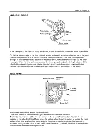4JB1-TC Engine-46
INJECTION TIMING
In the lower part of the injection pump is the timer, in the centre of which the timer piston is positioned.
On the low pressure side of the timer piston is a timer spring with a predetermined set force; the pump
chamber fuel pressure acts on the opposite side (high pressure side). The timer piston position
changes in accordance with the balance of these two forces, to rotate the roller holder via the roller
holder pin. When the timer piston compresses the timer spring, the injection timing is advanced (the
roller holder rotates in the reverse rotation direction), and through timer piston movement in the
opposite direction the injection timing is retarded. Injection timing is controlled by the above.
FEED PUMP
The feed pump comprise a rotor, blades and liner.
Drive shaft rotation is transmitted through a key to the rotor to rotate the rotor.
The inside circumference of the liner is eccentric to the center of rotor rotation. Four blades are
installed in the rotor. Centrifugal force forces the blades outwards during rotation to contact the inside
surface of the liner and form four fuel chambers. Therefore, the volume of these four chambers
increases through rotor rotation to suck fuel from the fuel tank. Conversely, when the volume of these
four chambers decreases fuel is pressurized.
 